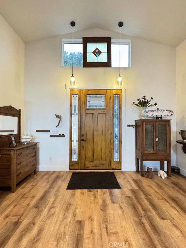 entrance foyer featuring hardwood / wood-style floors and high vaulted ceiling