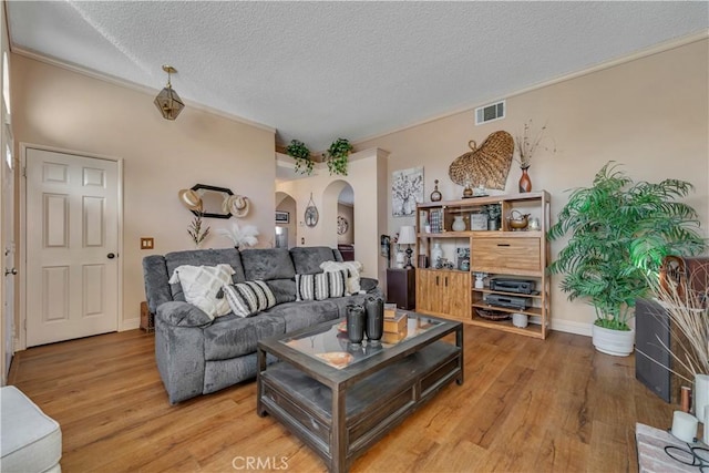 living room featuring a textured ceiling and light hardwood / wood-style flooring