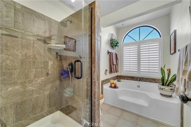 bathroom featuring separate shower and tub and tile patterned floors