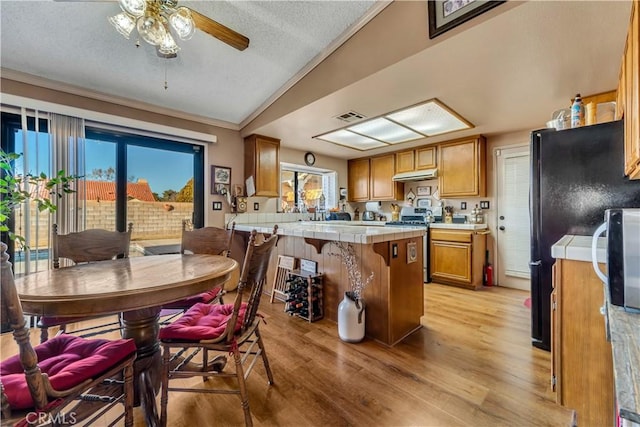 kitchen featuring lofted ceiling, tile counters, stainless steel range, ceiling fan, and light hardwood / wood-style flooring