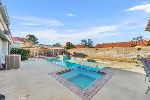 view of swimming pool featuring central AC, a pergola, a patio area, and an in ground hot tub