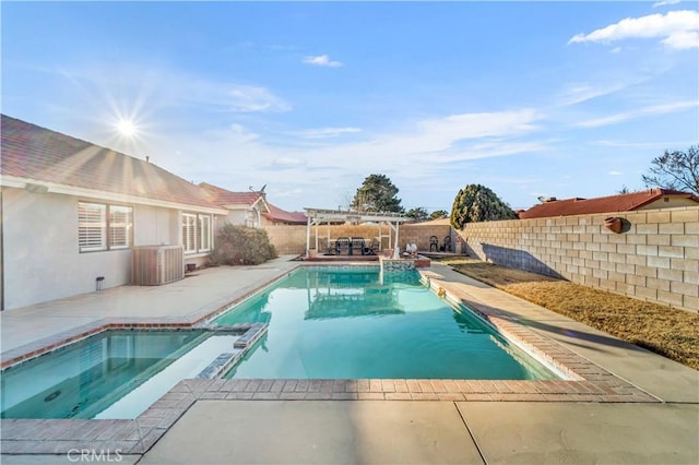 view of swimming pool featuring central AC unit, a pergola, and an in ground hot tub