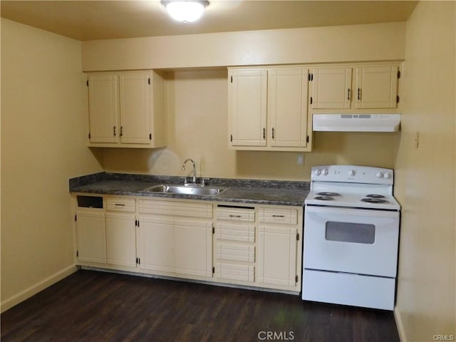 kitchen with sink, white cabinetry, dark hardwood / wood-style flooring, and white electric range