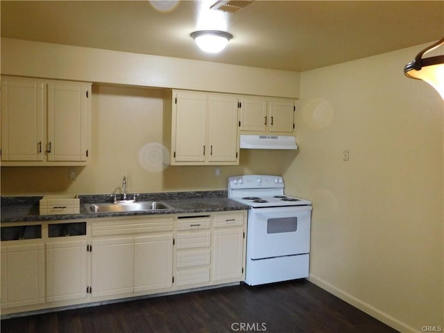 kitchen featuring white range with electric cooktop, dark hardwood / wood-style flooring, sink, and white cabinetry