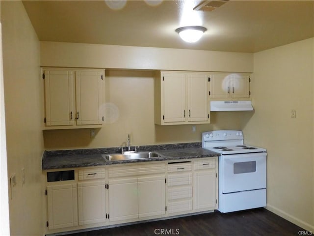 kitchen with sink, white cabinetry, white electric range oven, and dark hardwood / wood-style flooring