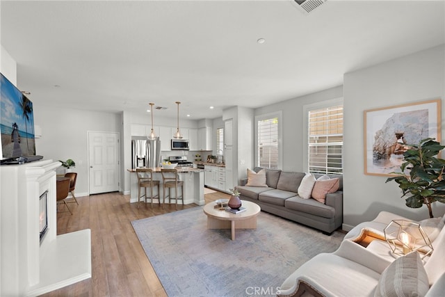 living room with light hardwood / wood-style flooring