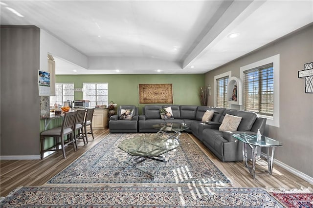 living room featuring a wealth of natural light and hardwood / wood-style flooring