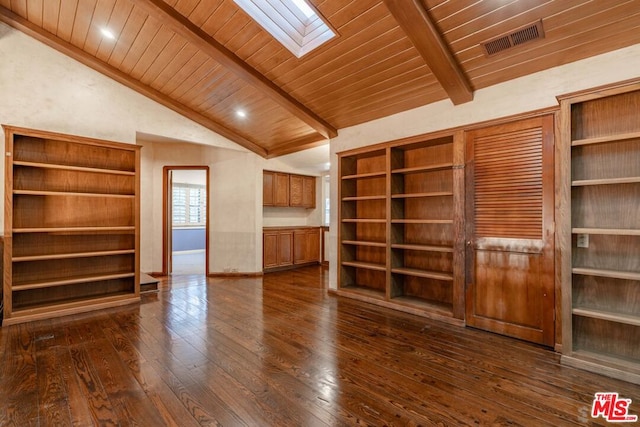 unfurnished living room featuring dark wood-type flooring, vaulted ceiling with skylight, and wood ceiling