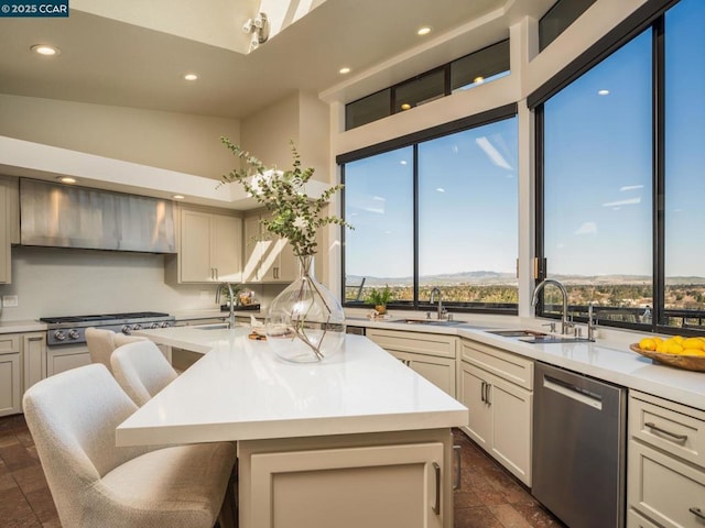 kitchen featuring stainless steel appliances, an island with sink, sink, and a breakfast bar area