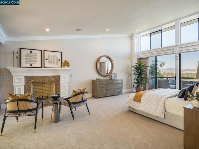 bedroom with light carpet and crown molding