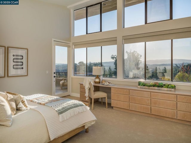 bedroom with multiple windows, a towering ceiling, built in desk, and access to exterior