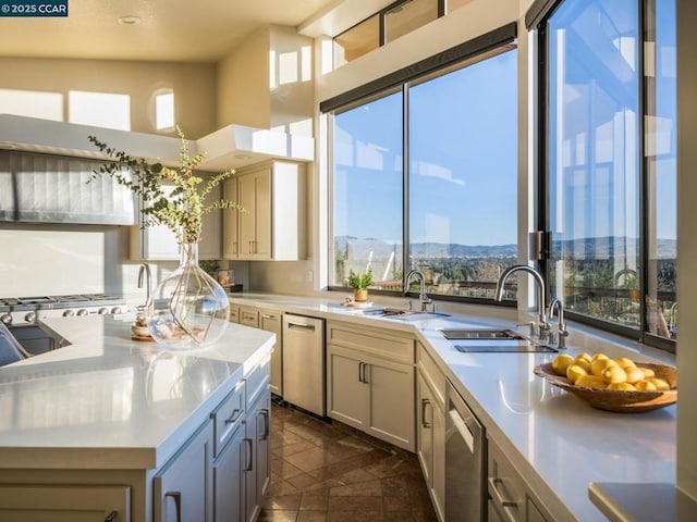 kitchen featuring dishwasher, a mountain view, sink, and a kitchen island