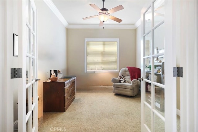 3600 Laver Ct, Redding, CA 96002 - living area featuring french doors, ornamental molding, light carpet, baseboards, and a ceiling fan