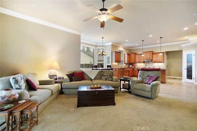 3600 Laver Ct, Redding, CA 96002 - living room with ceiling fan, crown molding, recessed lighting, and a chandelier