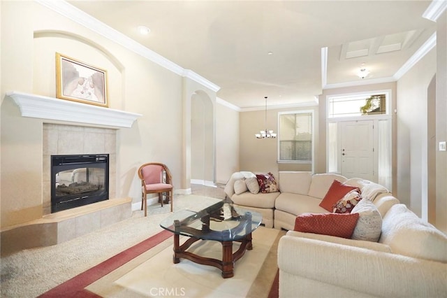 3600 Laver Ct, Redding, CA 96002 - living room with crown molding, a fireplace, light carpet, and baseboards