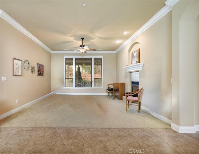 3600 Laver Ct, Redding, CA 96002 - unfurnished room with carpet flooring, a ceiling fan, crown molding, a fireplace, and baseboards