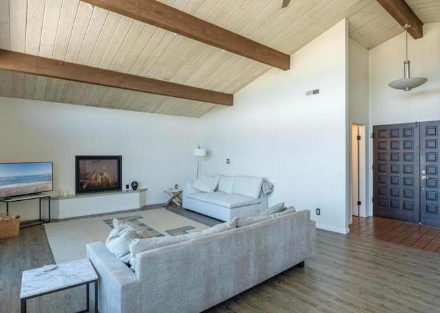 living room with wood ceiling, dark hardwood / wood-style flooring, high vaulted ceiling, and beamed ceiling