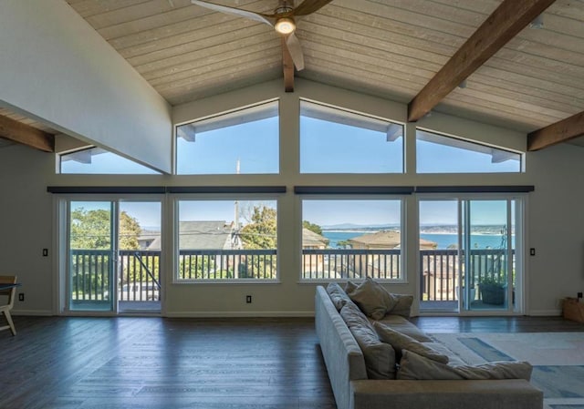 unfurnished sunroom featuring lofted ceiling with beams, a water view, and wood ceiling