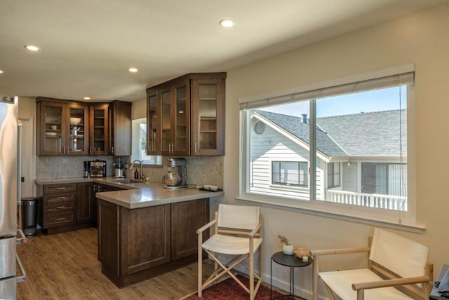 kitchen with dark brown cabinetry, dark hardwood / wood-style flooring, sink, and decorative backsplash