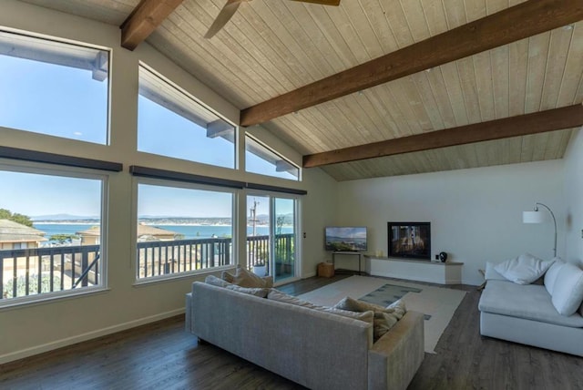 living room with lofted ceiling with beams, dark hardwood / wood-style flooring, ceiling fan, a water view, and wooden ceiling