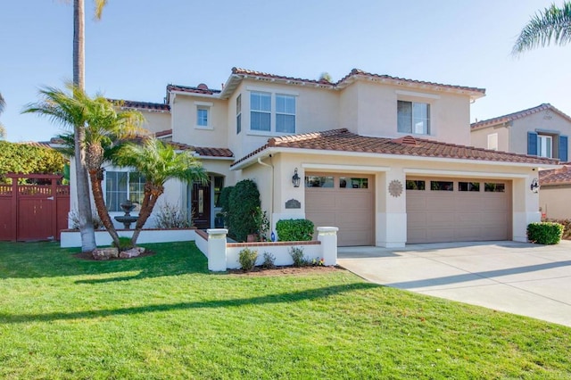 mediterranean / spanish-style house featuring a front lawn and a garage