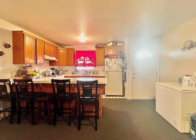 kitchen with sink, backsplash, white refrigerator, and fridge