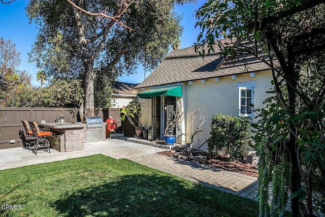 view of yard with exterior kitchen and a patio area