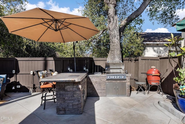 view of patio / terrace with a grill, area for grilling, and an outdoor bar