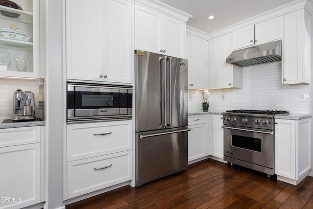 kitchen with light stone counters, backsplash, white cabinetry, and high quality appliances