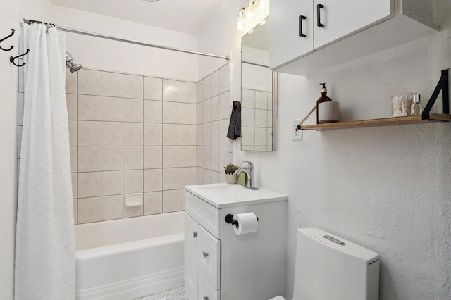 full bathroom featuring toilet, vanity, and shower / bath combination with curtain