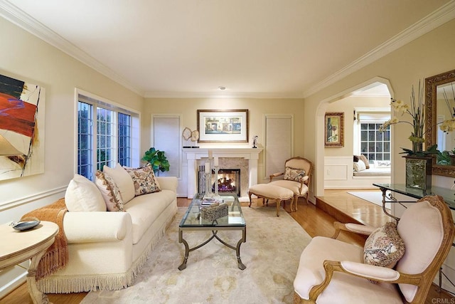 living room featuring a fireplace, ornamental molding, and light hardwood / wood-style floors