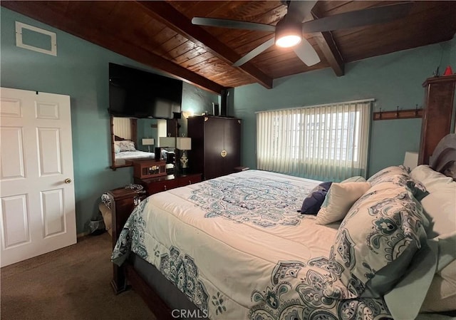 bedroom featuring lofted ceiling with beams, wooden ceiling, carpet flooring, and visible vents