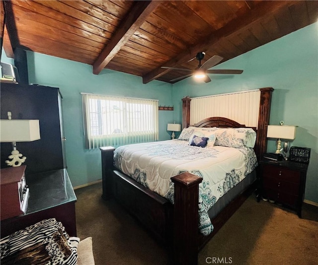 bedroom featuring vaulted ceiling with beams, wooden ceiling, dark carpet, and a ceiling fan