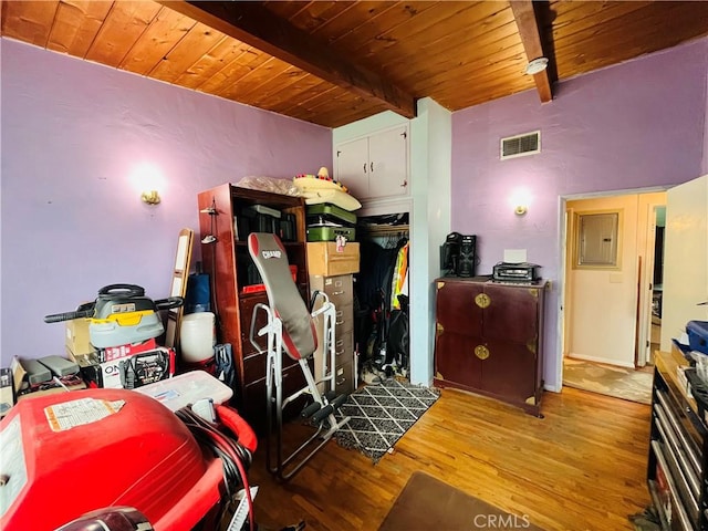 bedroom featuring light wood-type flooring, wooden ceiling, visible vents, and beam ceiling