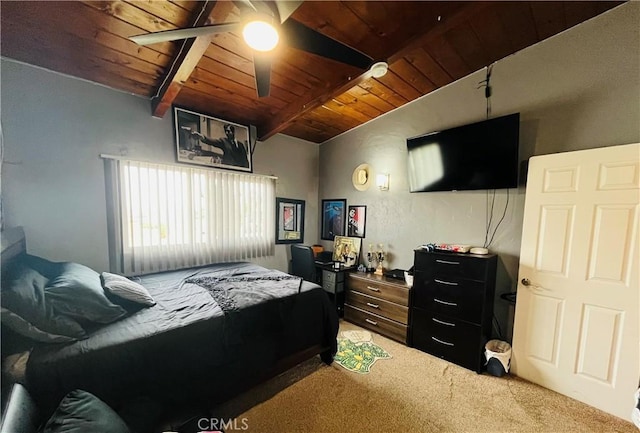 bedroom with wood ceiling, light carpet, and lofted ceiling with beams