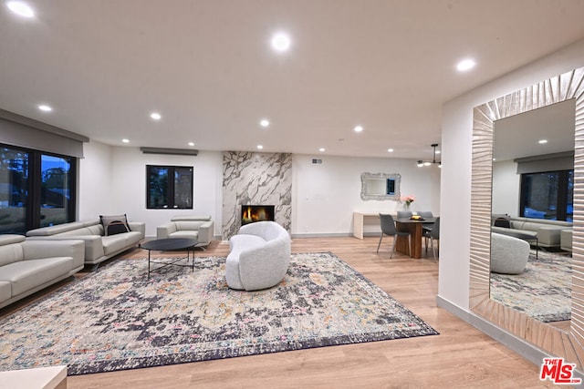 living room featuring a premium fireplace and light hardwood / wood-style flooring