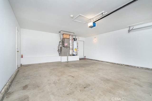 garage with heating unit, water heater, and a garage door opener