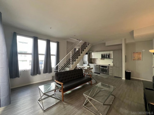 living room featuring dark wood-type flooring