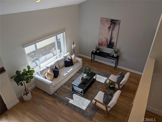 living room featuring wood-type flooring and lofted ceiling