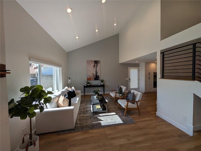 living room with high vaulted ceiling and hardwood / wood-style flooring