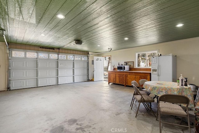6124 Juniper Rd, Lake Isabella, CA 93240 - garage featuring white refrigerator with ice dispenser, recessed lighting, and wood ceiling