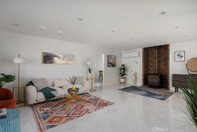 living room with a wood stove and a wall mounted air conditioner