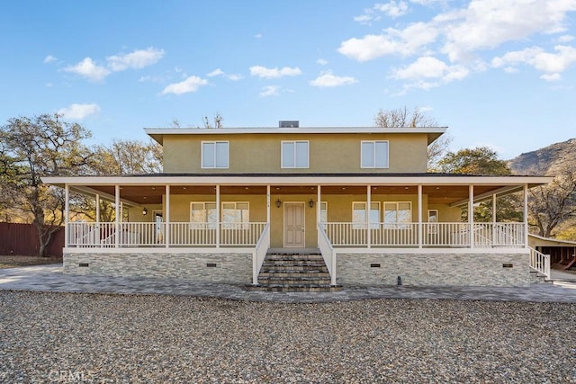 6124 Juniper Rd, Lake Isabella, CA 93240 - farmhouse with stucco siding, stairs, and a porch