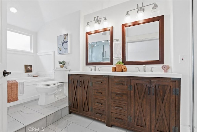 bathroom with toilet, a bathtub, and vanity