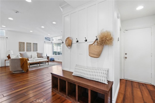 mudroom featuring dark wood-type flooring