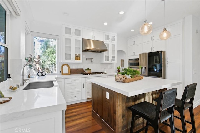 kitchen with dark hardwood / wood-style floors, sink, a breakfast bar area, stainless steel appliances, and white cabinets