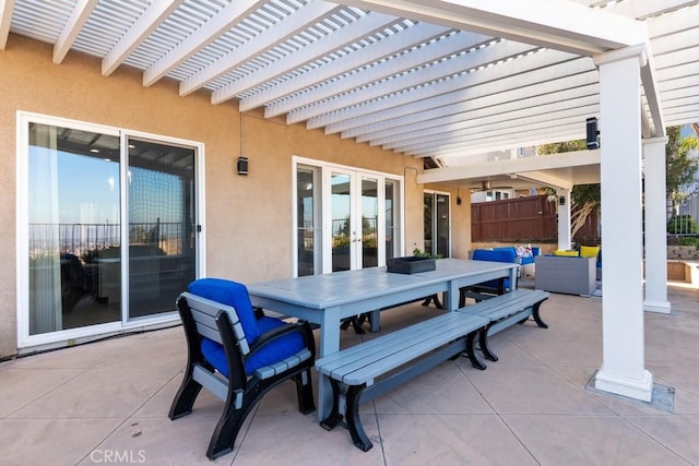 view of patio featuring an outdoor living space, french doors, and a pergola