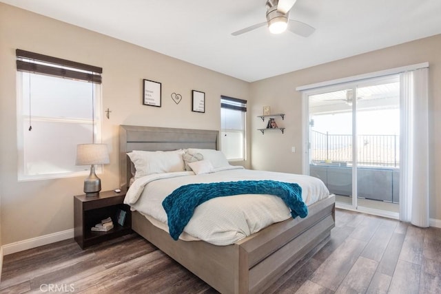 bedroom with ceiling fan, access to exterior, and multiple windows