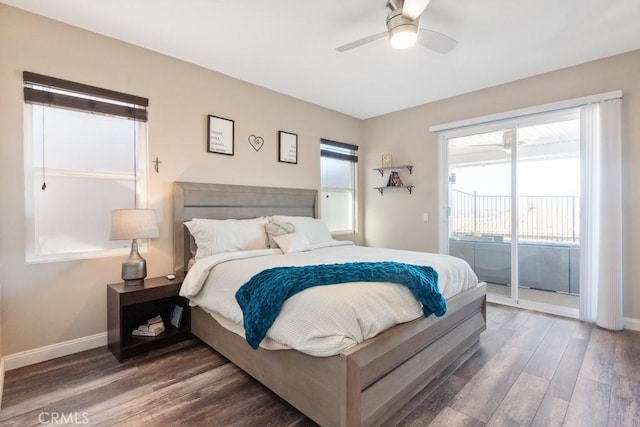 bedroom with ceiling fan, access to outside, wood finished floors, and baseboards