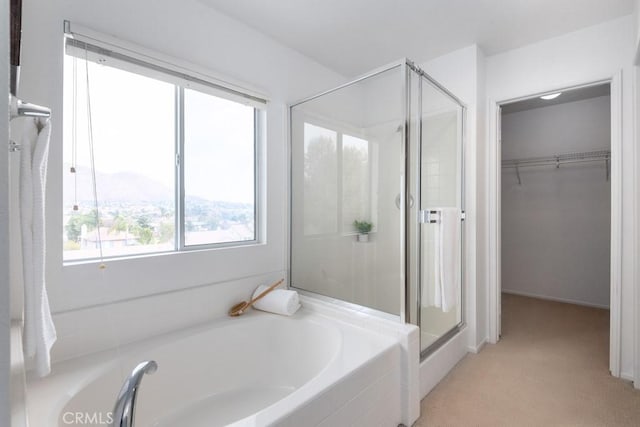 bathroom featuring independent shower and bath and a mountain view